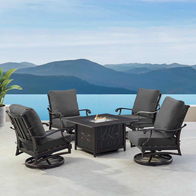 Black Aluminum Fire Table Set with Four Club Chairs