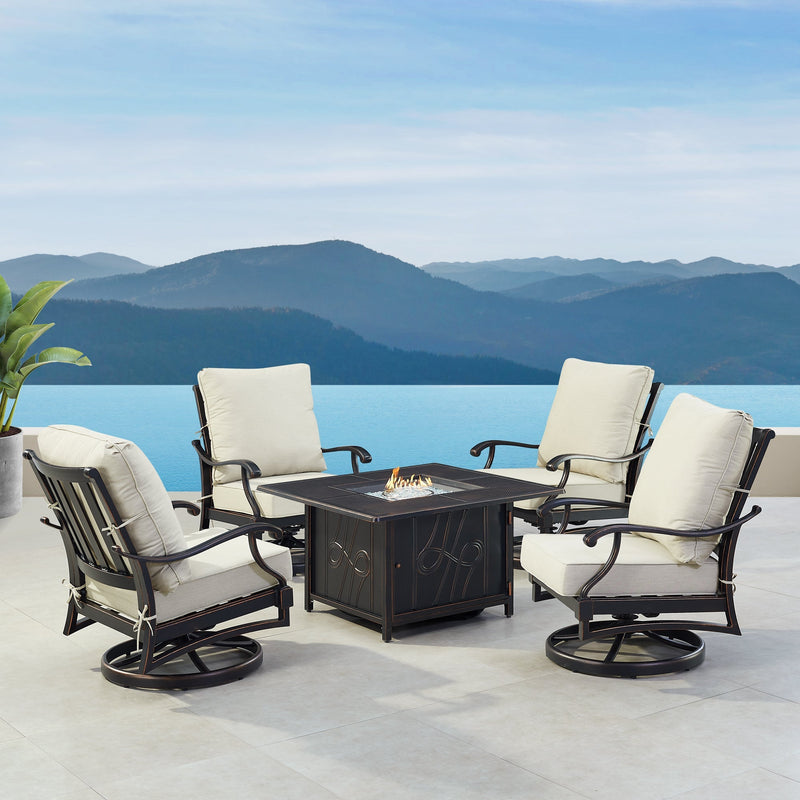 Black Aluminum Fire Table Set with Four Club Chairs