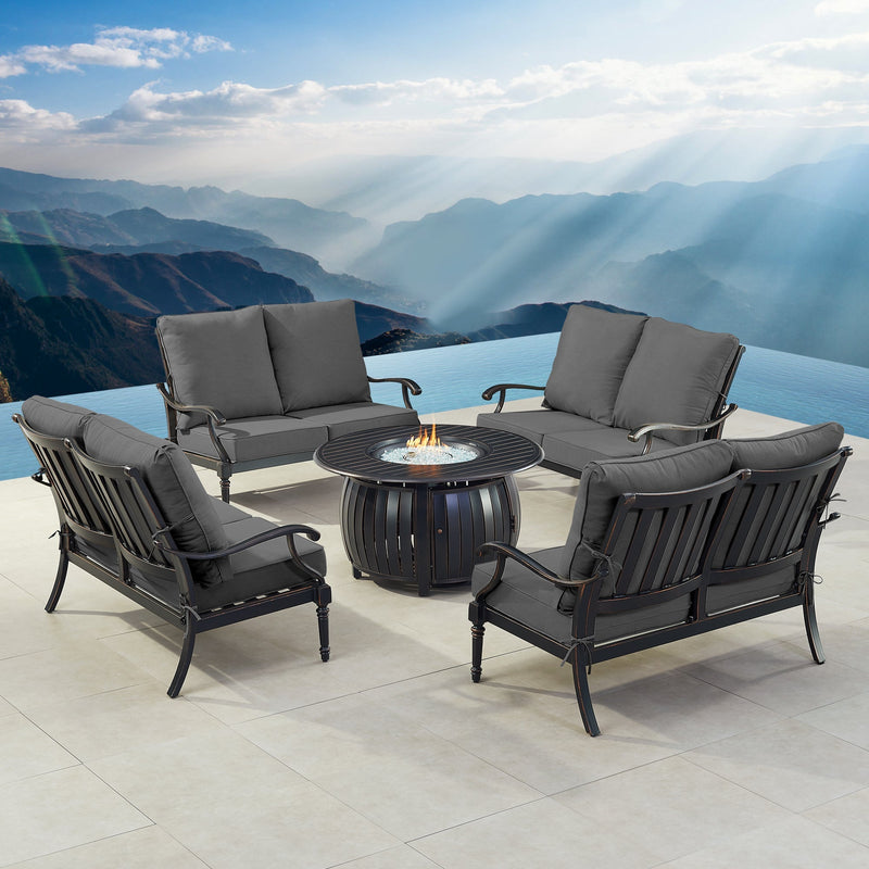 Black Aluminum Fire Table Set with Four Deep Seating Loveseats