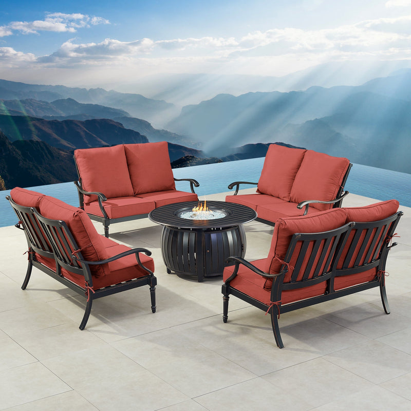 Black Aluminum Fire Table Set with Four Deep Seating Loveseats