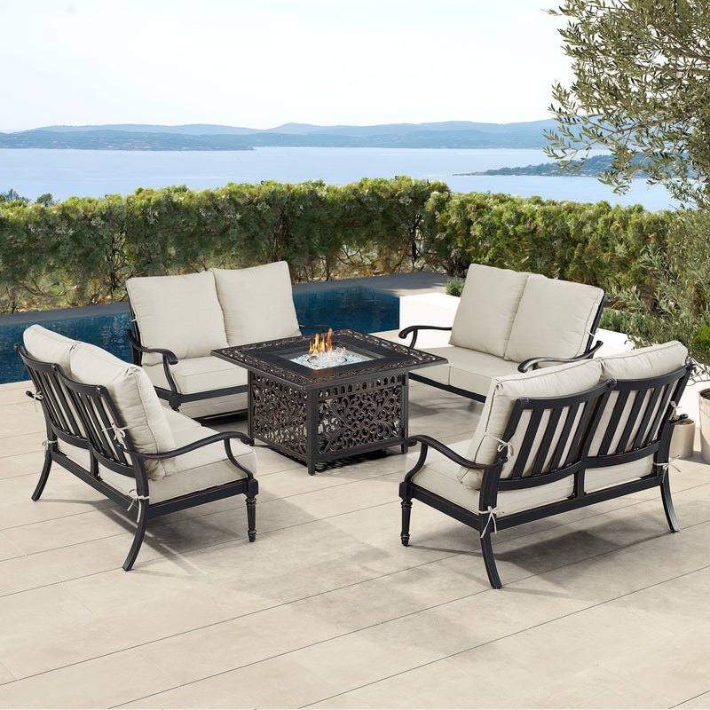 Black Aluminum Fire Table Set with Four Deep Seating Loveseats