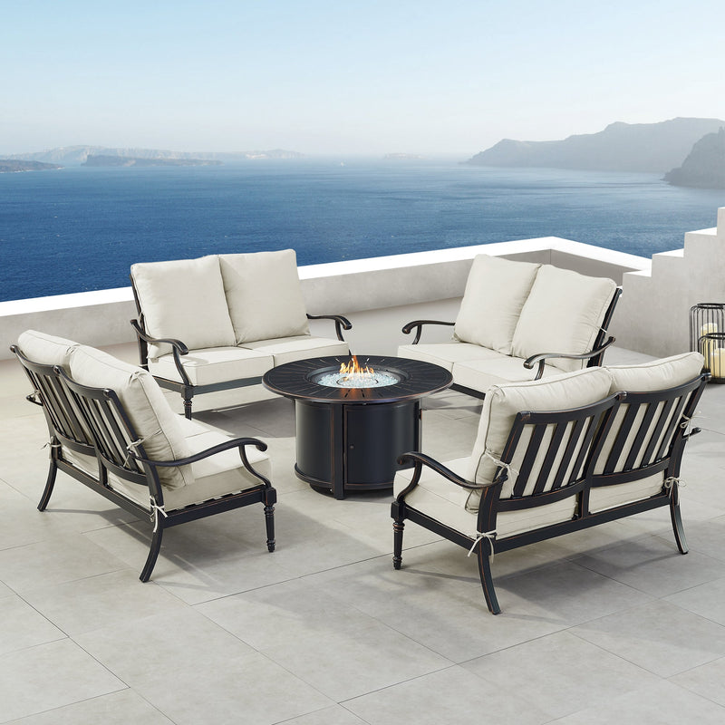 Black Aluminum Fire Table Set with Four Deep Seating Loveseats