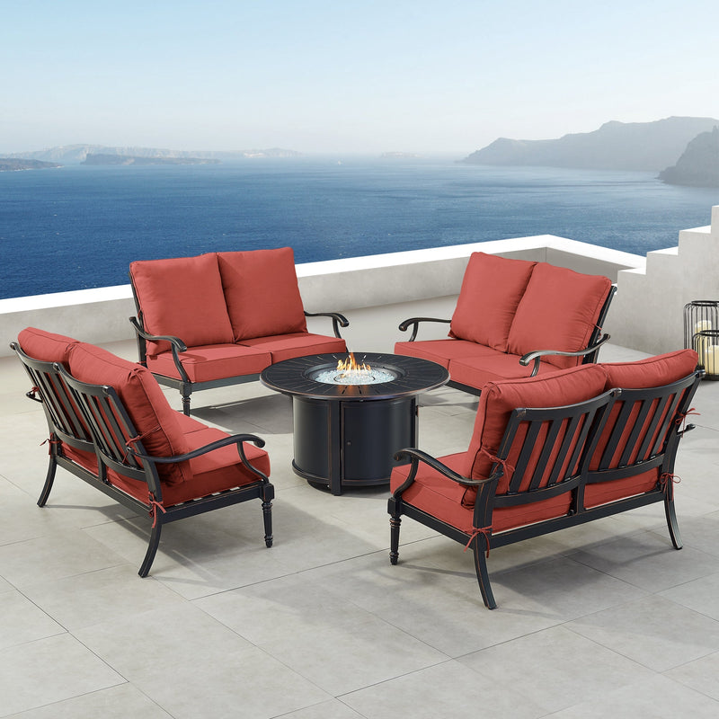 Black Aluminum Fire Table Set with Four Deep Seating Loveseats