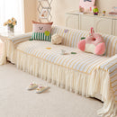 Cute Dotted Stripe Couch Protector, Non-Slip Washable Sofa Cover with Ruffled Skirt
