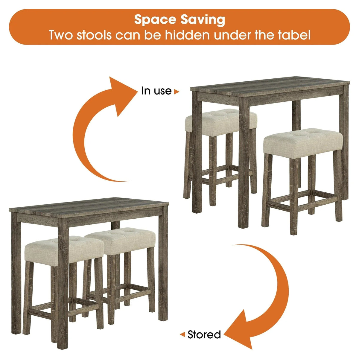 1 Traditional Breakfast Dining Table Set with 2 Stools for Apartment, photo 3 of 14