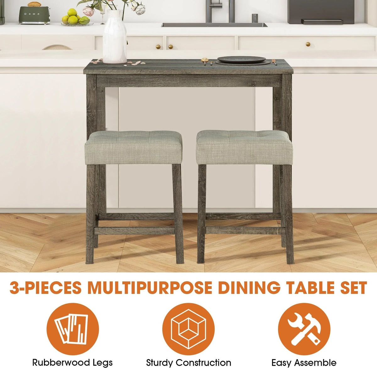 1 Traditional Breakfast Dining Table Set with 2 Stools for Apartment, photo 6 of 14