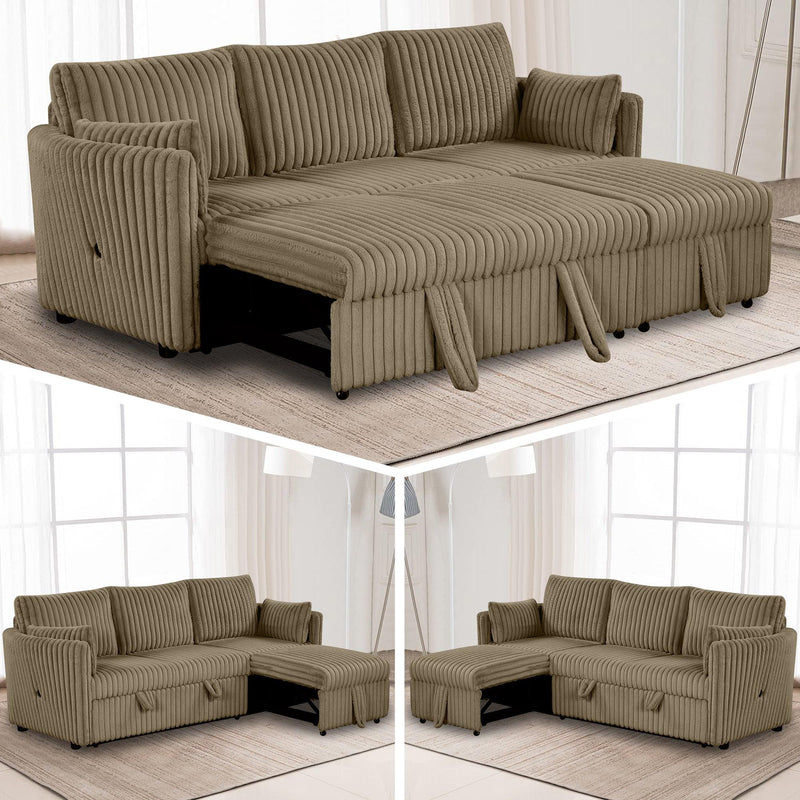 Brown Faux Fur Oversized Convertible Sleeper Sectional Sofa Couch Daybed and Chair Pull Out with 2 Pillows, USB Charging Ports for Living Room