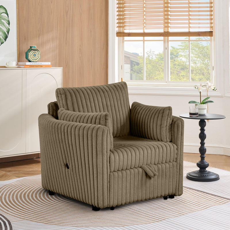 Brown Faux Fur Oversized Convertible Sleeper Sectional Sofa Couch Daybed and Chair Pull Out with 2 Pillows, USB Charging Ports for Living Room