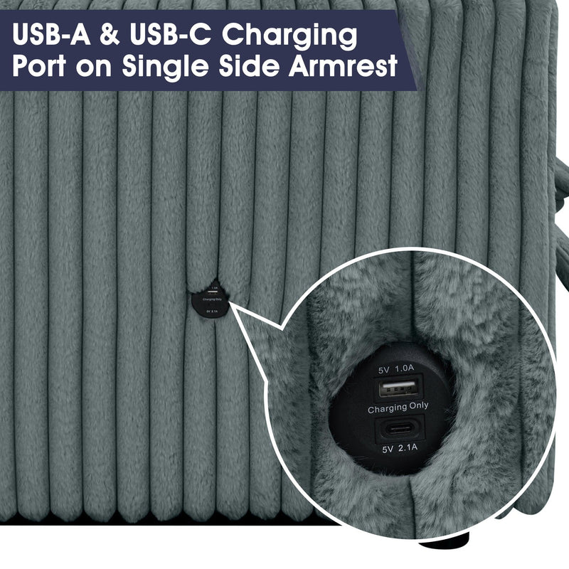 Dark Gray Faux Fur Oversized Convertible Sleeper Sectional Sofa Couch Daybed and Chair Pull Out with 2 Pillows, USB Charging Ports for Living Room