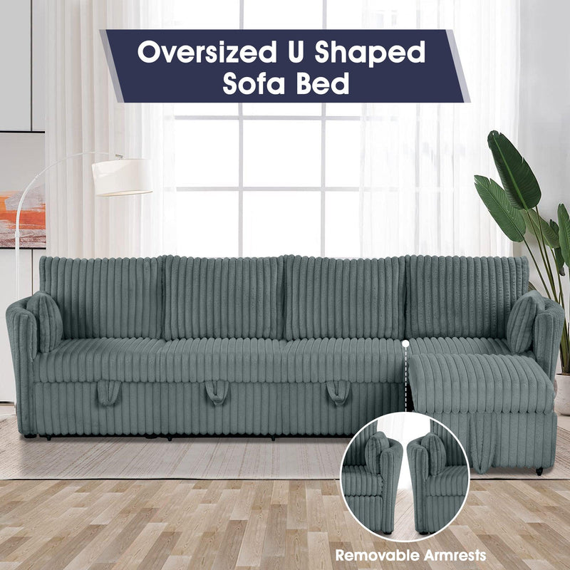 Dark Gray Faux Fur Oversized Convertible Sleeper Sectional Sofa Couch Daybed and Chair Pull Out with 2 Pillows, USB Charging Ports for Living Room