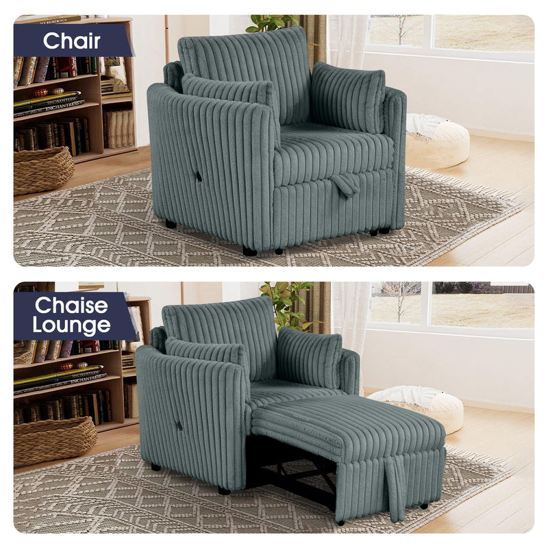 Dark Gray Faux Fur Oversized Convertible Sleeper Sectional Sofa Couch Daybed and Chair Pull Out with 2 Pillows, USB Charging Ports for Living Room