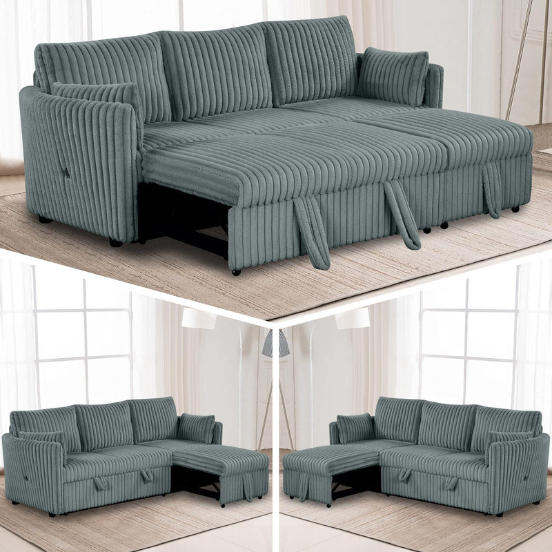 Dark Gray Faux Fur Oversized Convertible Sleeper Sectional Sofa Couch Daybed and Chair Pull Out with 2 Pillows, USB Charging Ports for Living Room