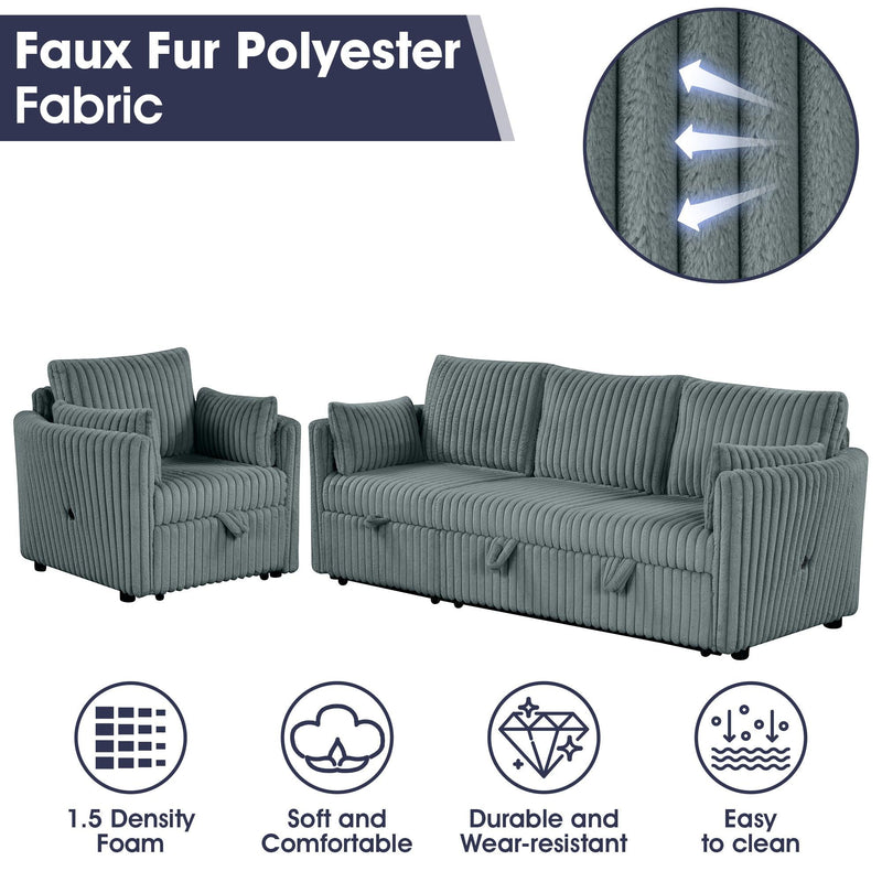 Dark Gray Faux Fur Oversized Convertible Sleeper Sectional Sofa Couch Daybed and Chair Pull Out with 2 Pillows, USB Charging Ports for Living Room