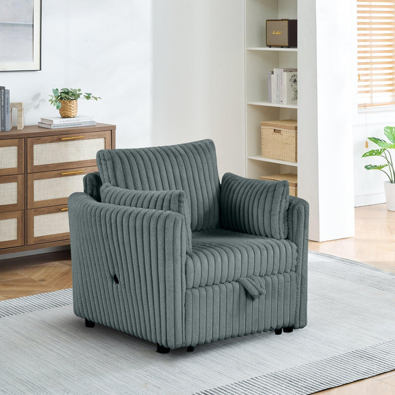 Dark Gray Faux Fur Oversized Convertible Sleeper Sectional Sofa Couch Daybed and Chair Pull Out with 2 Pillows, USB Charging Ports for Living Room