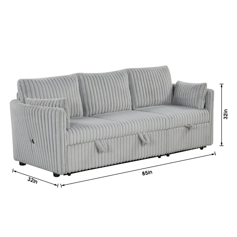 Light Gray Faux Fur Oversized Convertible Sleeper Sectional Sofa Couch Daybed and Chair Pull Out with 2 Pillows, USB Charging Ports for Living Room