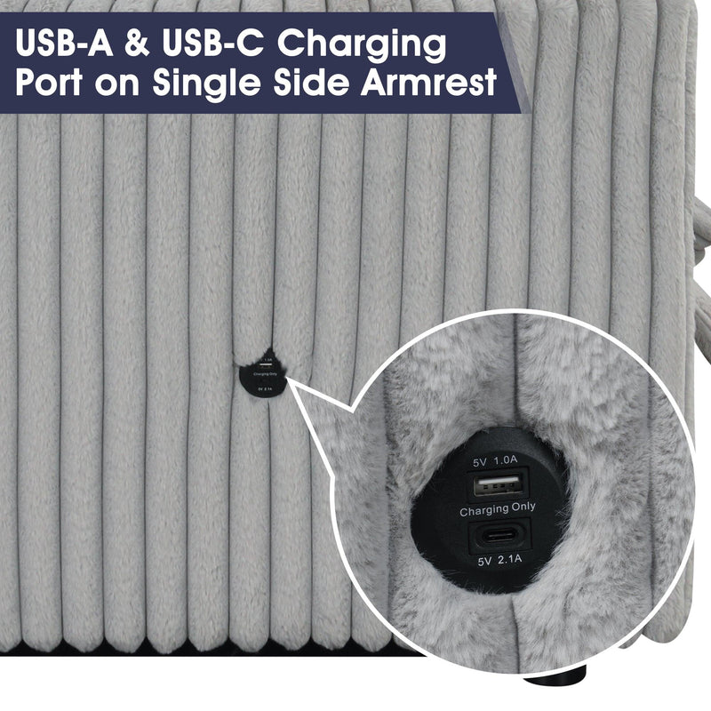 Light Gray Faux Fur Oversized Convertible Sleeper Sectional Sofa Couch Daybed and Chair Pull Out with 2 Pillows, USB Charging Ports for Living Room