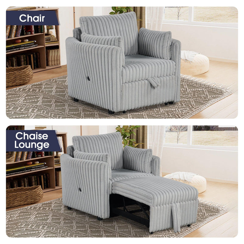 Light Gray Faux Fur Oversized Convertible Sleeper Sectional Sofa Couch Daybed and Chair Pull Out with 2 Pillows, USB Charging Ports for Living Room