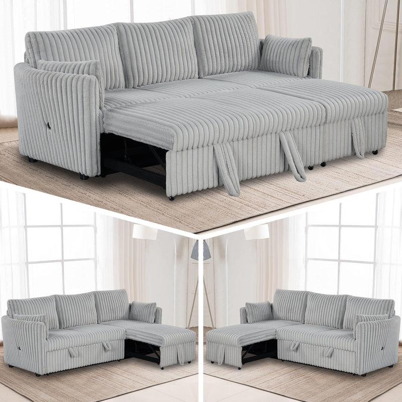 Light Gray Faux Fur Oversized Convertible Sleeper Sectional Sofa Couch Daybed and Chair Pull Out with 2 Pillows, USB Charging Ports for Living Room