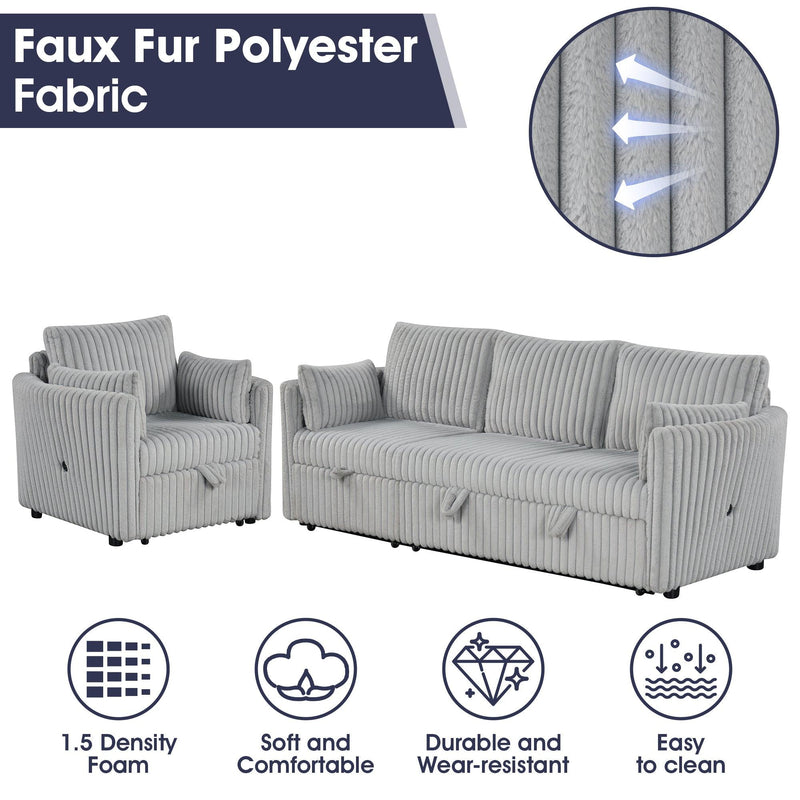 Light Gray Faux Fur Oversized Convertible Sleeper Sectional Sofa Couch Daybed and Chair Pull Out with 2 Pillows, USB Charging Ports for Living Room
