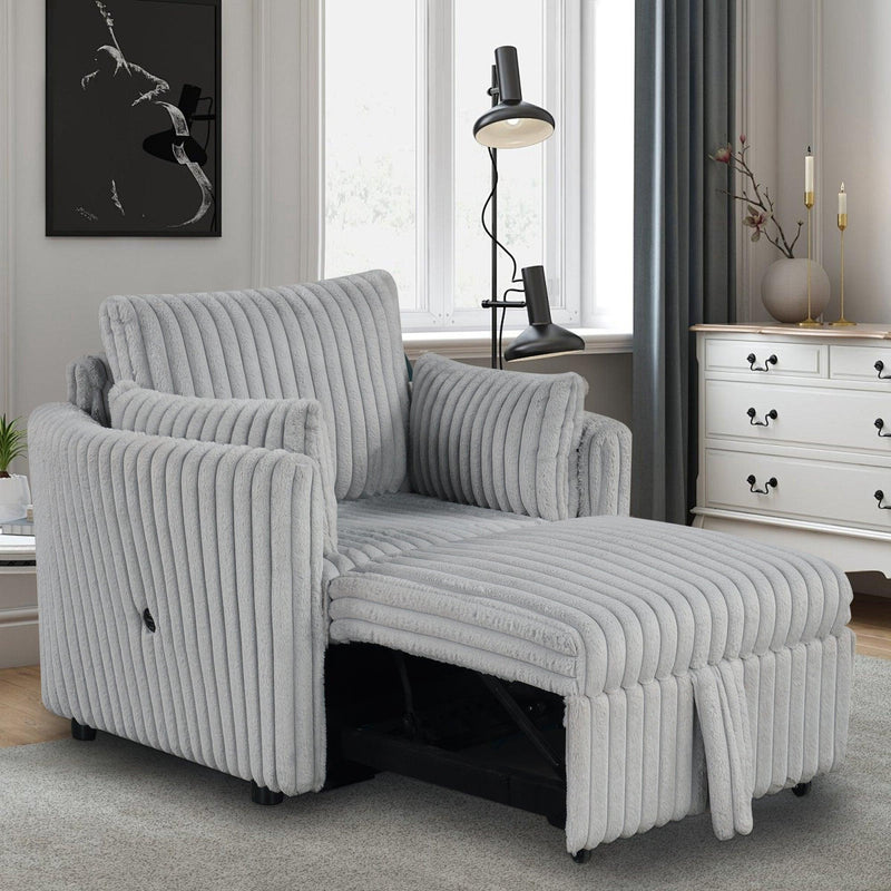 Light Gray Faux Fur Oversized Convertible Sleeper Sectional Sofa Couch Daybed and Chair Pull Out with 2 Pillows, USB Charging Ports for Living Room