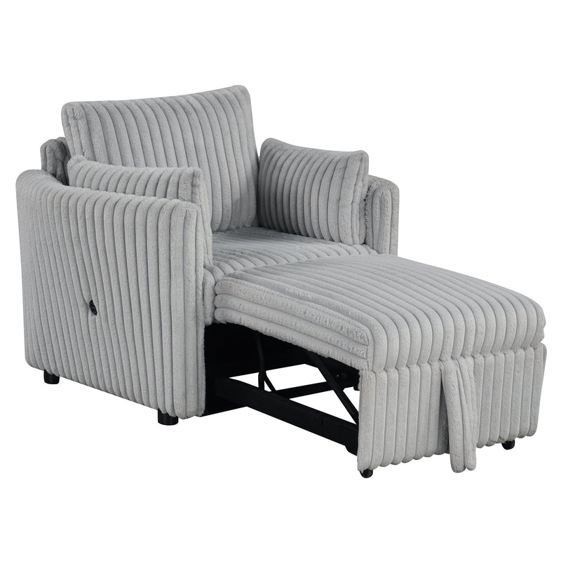 Light Gray Faux Fur Oversized Convertible Sleeper Sectional Sofa Couch Daybed and Chair Pull Out with 2 Pillows, USB Charging Ports for Living Room