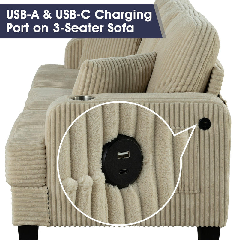 Beige 3 Piece Set Comfy Sofa Couch 3-Seater & Loveseat Sofa with Storage Ottoman with USB
