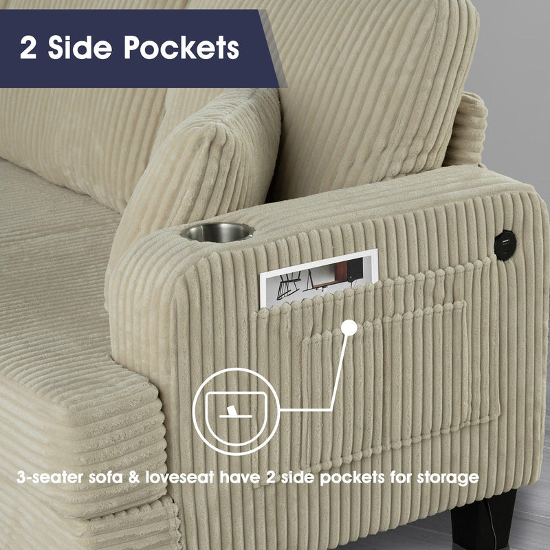 Beige 3 Piece Set Comfy Sofa Couch 3-Seater & Loveseat Sofa with Storage Ottoman with USB