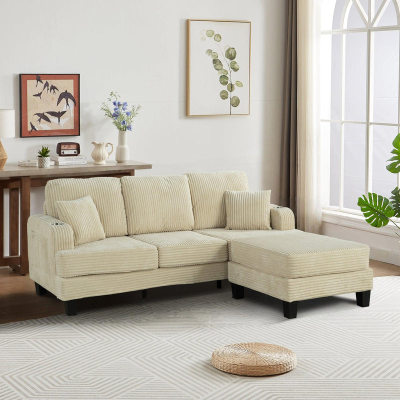 Beige 3 Piece Set Comfy Sofa Couch 3-Seater & Loveseat Sofa with Storage Ottoman with USB