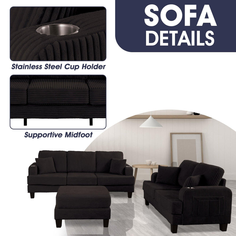 Black 3 Piece Set Comfy Sofa Couch 3-Seater & Loveseat Sofa with Storage Ottoman for Living Room with USB, Side Pockets, Pillows included
