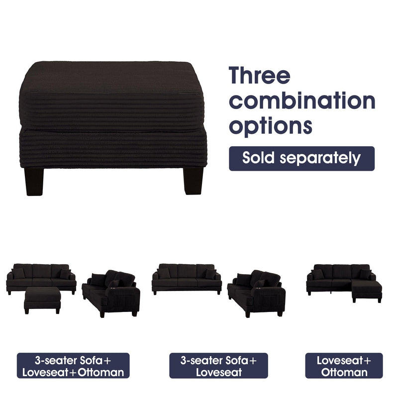 Black 3 Piece Set Comfy Sofa Couch 3-Seater & Loveseat Sofa with Storage Ottoman for Living Room with USB, Side Pockets, Pillows included