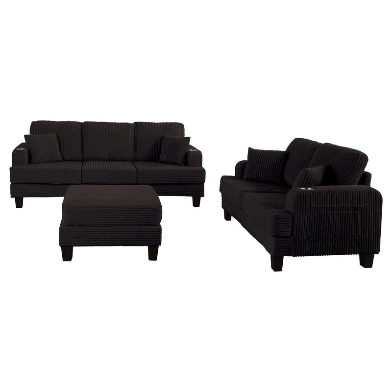 Black 3 Piece Set Comfy Sofa Couch 3-Seater & Loveseat Sofa with Storage Ottoman for Living Room with USB, Side Pockets, Pillows included