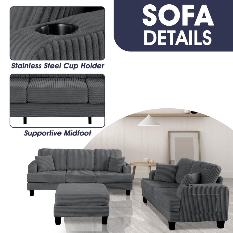 Dark Gray 3 Piece Set Comfy Sofa Couch 3-Seater & Loveseat Sofa with Storage Ottoman for Living Room with USB, Side Pockets, Pillows included