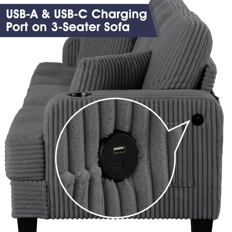 Dark Gray 3 Piece Set Comfy Sofa Couch 3-Seater & Loveseat Sofa with Storage Ottoman for Living Room with USB, Side Pockets, Pillows included