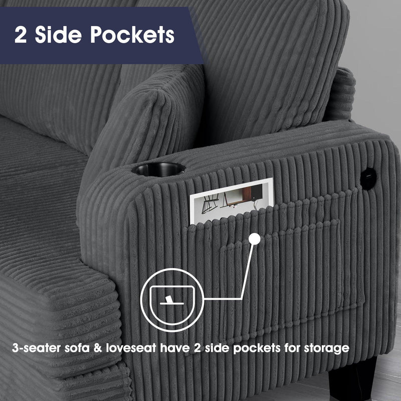 Dark Gray 3 Piece Set Comfy Sofa Couch 3-Seater & Loveseat Sofa with Storage Ottoman for Living Room with USB, Side Pockets, Pillows included