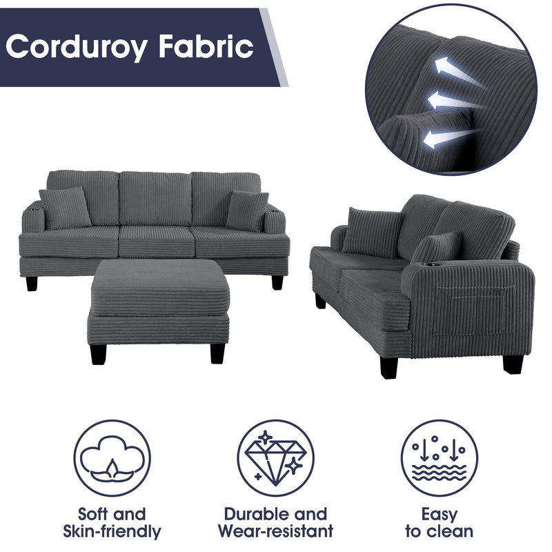 Dark Gray 3 Piece Set Comfy Sofa Couch 3-Seater & Loveseat Sofa with Storage Ottoman for Living Room with USB, Side Pockets, Pillows included