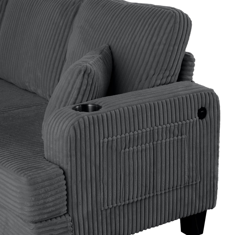 Dark Gray 3 Piece Set Comfy Sofa Couch 3-Seater & Loveseat Sofa with Storage Ottoman for Living Room with USB, Side Pockets, Pillows included