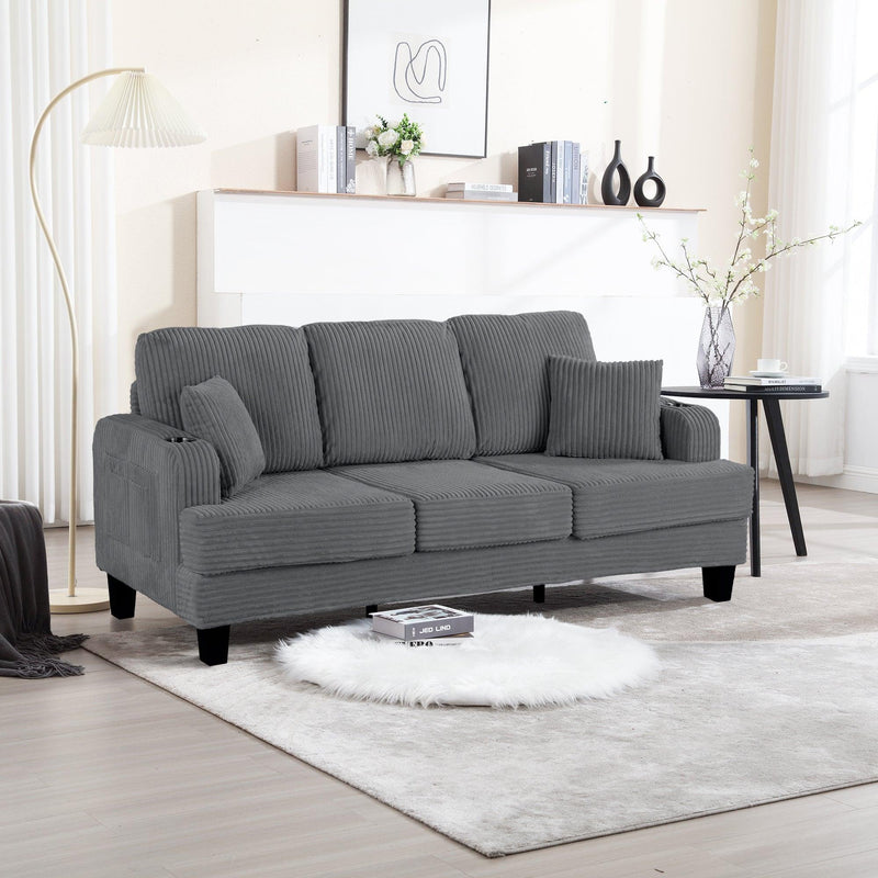 Dark Gray 3 Piece Set Comfy Sofa Couch 3-Seater & Loveseat Sofa with Storage Ottoman for Living Room with USB, Side Pockets, Pillows included