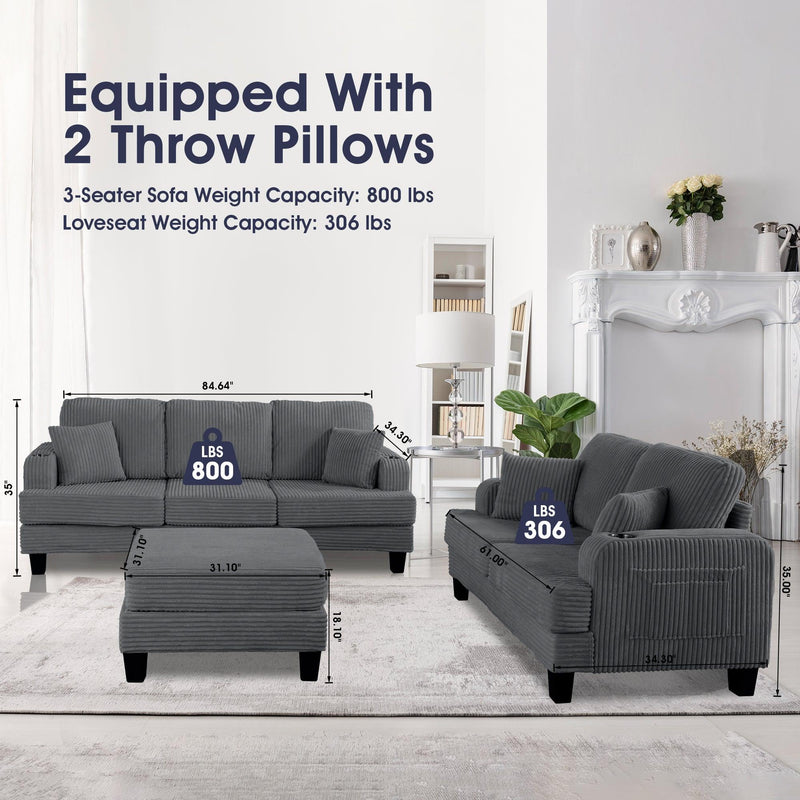 Dark Gray 3 Piece Set Comfy Sofa Couch 3-Seater & Loveseat Sofa with Storage Ottoman for Living Room with USB, Side Pockets, Pillows included