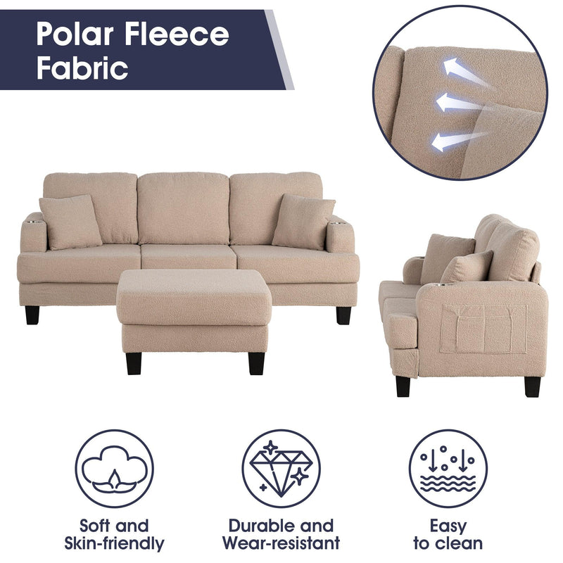 Beige 3-Piece Sofa Set with Storage Ottoman & USB Charging