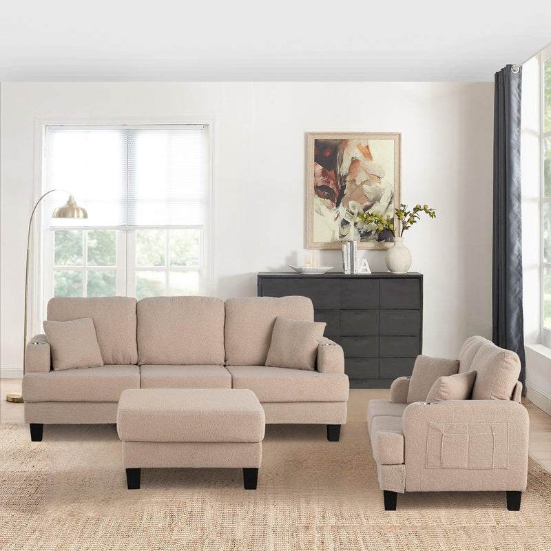 Beige 3-Piece Sofa Set with Storage Ottoman & USB Charging