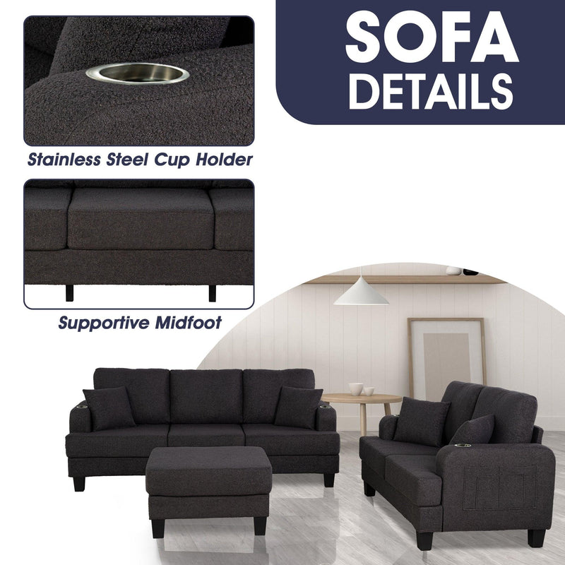Dark Gray 3-Piece Sofa Set with Storage Ottoman & USB Charging