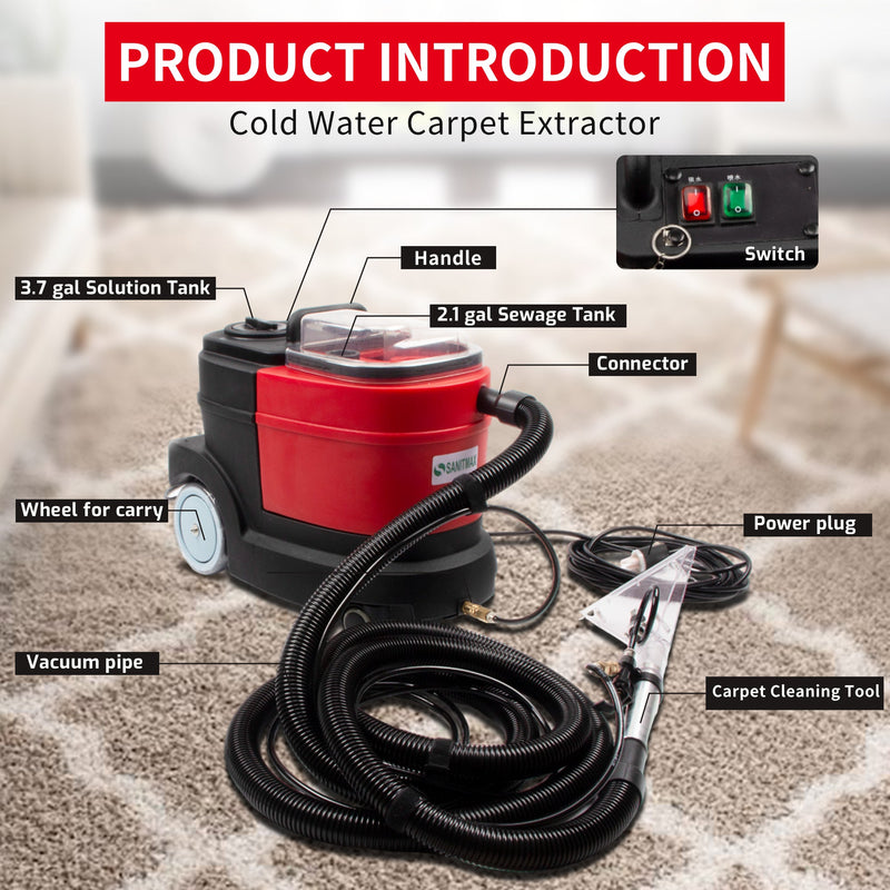 SM04 Cold Water Carpet Extractor, Powerful 1.0 HP Motor, 2.1 gal Sewage Tank, 3.7 gal Solution Tank