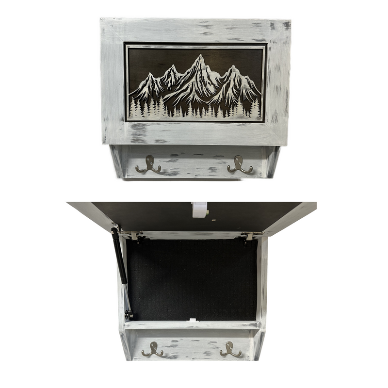 Snowcapped Mountain Scene Wall-Mounted Gun Cabinet – Hidden Lockable Storage with Rustic Charm