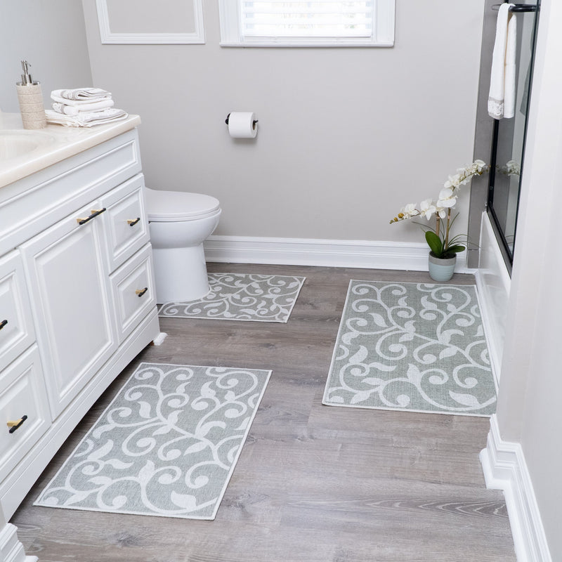 Floral Design 3 Piece Bathroom Rugs Set |Gray