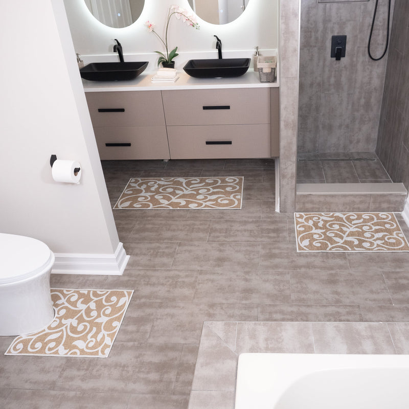 Floral Design 3 Piece Bathroom Rugs Set |Beige