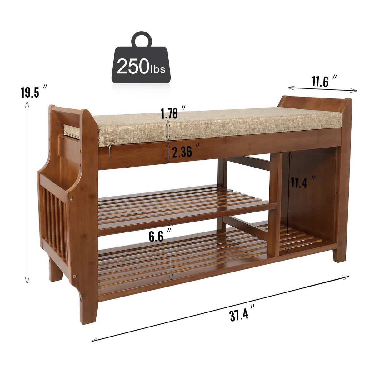 Solid Wood Entryway Shoe Rack Storage Bench with Cushioned Seat 2 Shelves and Drawer, photo 4 of 5
