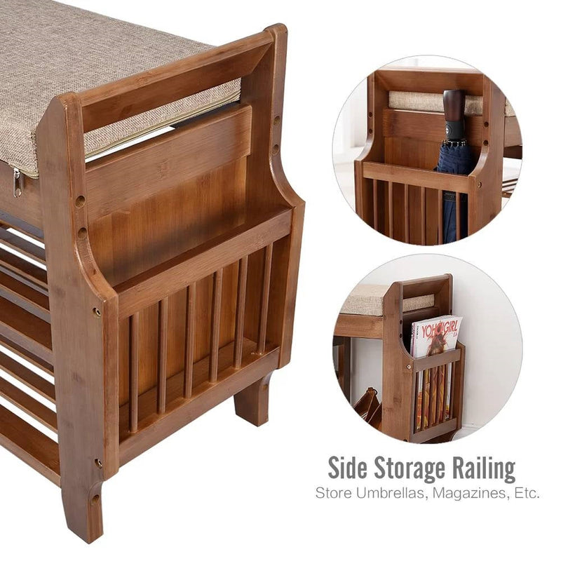 Solid Wood Entryway Shoe Rack Storage Bench with Cushioned Seat 2 Shelves and Drawer, photo 5 of 5