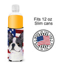 USA American Flag with Boston Terrier Slim Can Hugger , Insulated Foam Hugger for 12 oz Slim Cans, Beer Bottles & Water Bottles, Printed in USA
