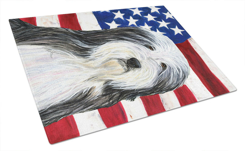 USA American Flag with Bearded Collie Glass Cutting Board Large