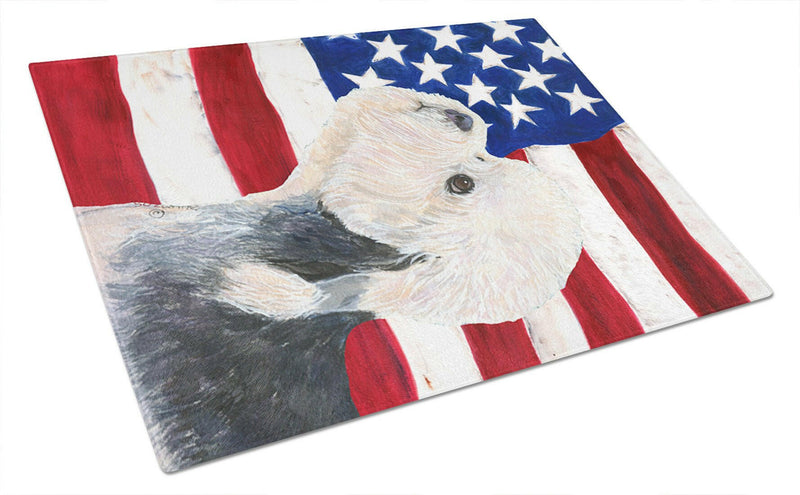 USA American Flag with Dandie Dinmont Terrier Glass Cutting Board Large